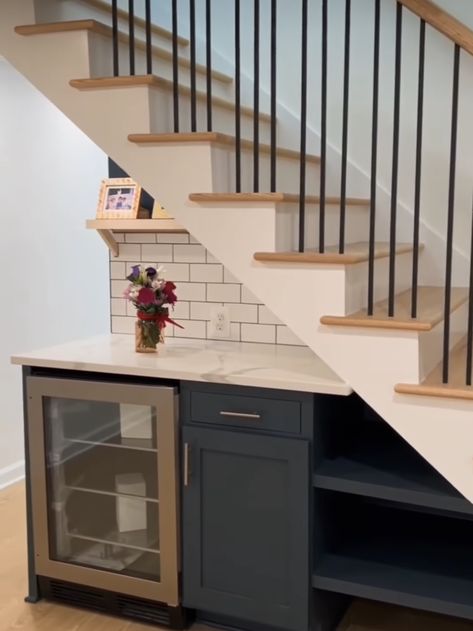 Open Shelving Under Stairs, Under Stairs Bar Ideas Staircases, Wine Cooler Under Stairs, Under Stairs Snack Bar, Under Floating Stairs Ideas, Under Stairwell Ideas, Coffee Bar Under Stairs, Under Basement Stairs Ideas, Under Stairs Bar Ideas