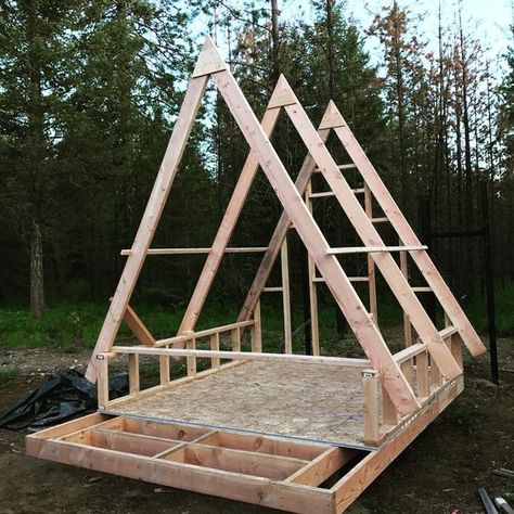 A new #aframe #playhouse for my little girl is starting to take shape. #aframecabin #tinyhouse #tinyaframe #construction #building… Aframe Cabins, Eco Pods, A Frame Cabin Plans, Modern Homesteading, Knee Wall, Porch Colors, A Frame House Plans, Frame Cabin, Painted Concrete Porch