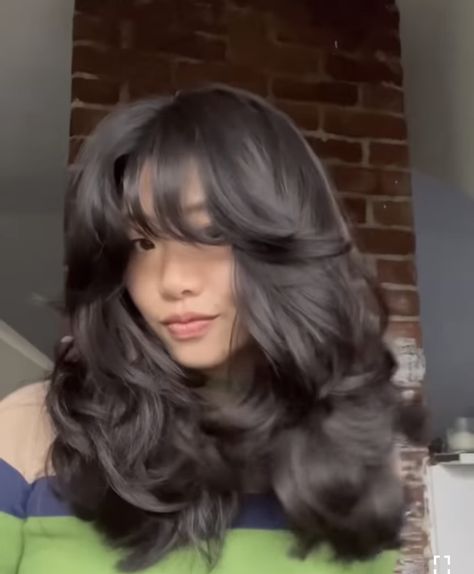 Fluffy Layered Hair Curtain Bangs, Layers For Heavy Hair, Haircuts For Thick Wavy Hair Medium With Bangs, Fluffy Butterfly Haircut, Long Wolfcut With Wispy Bangs, Wolf Cut Blowout, Curtain Bangs Long Hair Layers Black Women, Layered Beach Waves, Fluffy Blowout Hair