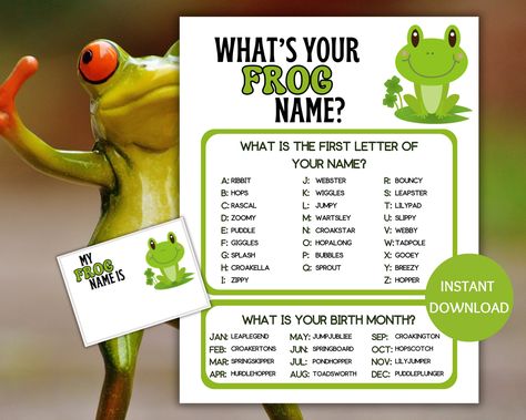 This What's Your Frog Name Game with Name Tags is a printable PDF and a digital download. This fun name generator game makes the perfect ice breaker game for a frog birthday party. Use the frog name game printable for a frog baby shower, your family game night, or as a classroom activity as part of your teacher resources.  Print as many copies as you like, so you can enjoy this frog activity time and again. *What you receive: An instant digital download - nothing will be mailed 2- 8.5 x 11 print Princess And The Frog Games, What's Your Name Game, Frog Activity, Frog Baby Showers, Frog Activities, Frog Games, Frog Birthday Party, Frog Birthday, Game Name