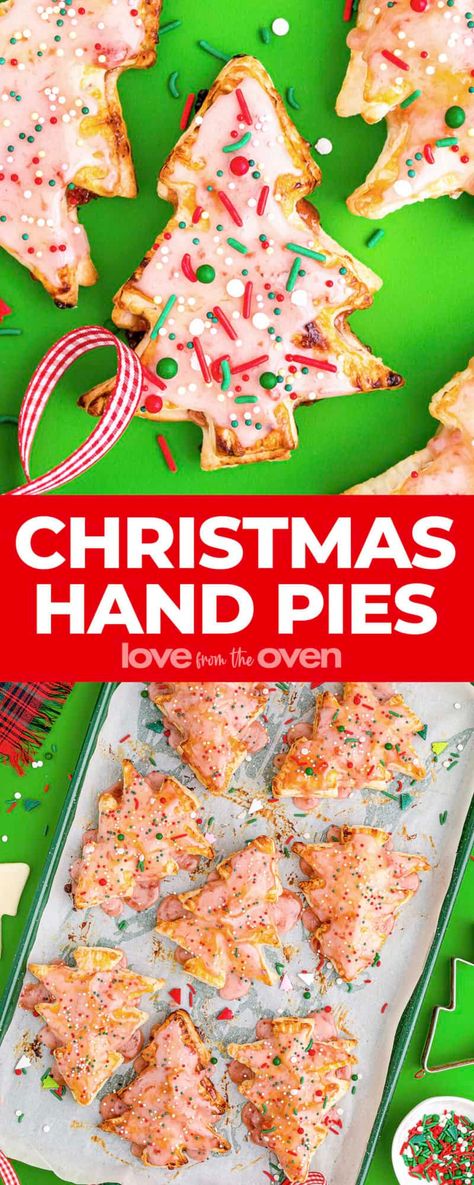 Christmas Hand Pies • Love From The Oven Christmas Hand Pies, Love From The Oven, Hand Pie Recipes, Hand Pie, Strawberry Preserves, Holiday Sprinkles, Best Christmas Recipes, Puff Pastry Dough, Christmas Tree Cookies