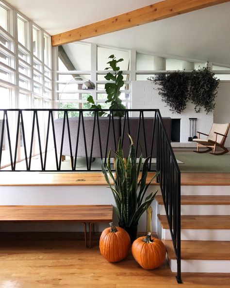 Mid century modern house with metal railing Mid Century Staircase, Sunken Room, Environmental Center, Vstupná Hala, Modern Stair Railing, Stair Case, Mid Century Living, Mid Century Living Room, Mid Century Modern Living