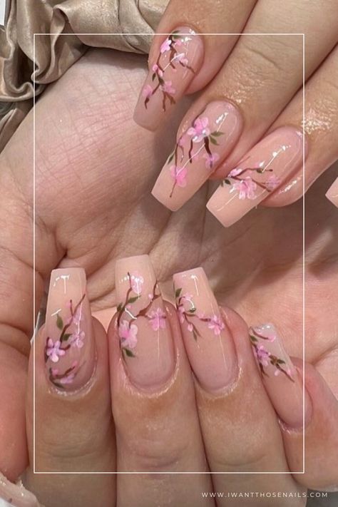 cherry blossom nails coffin shape Pink Nail Inspiration Coffin, Pretty Soft Nails, Pretty Floral Nails, Nails Inspiration Floral, Spring Gel X Nail Designs, Acrylic Nail Designs Floral, Flower And Heart Nails, Nail Inspo Flower Design, Japanese Cherry Blossom Nail Art