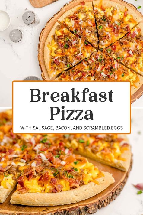 This breakfast pizza is the most fun breakfast there is! Easy to make with a pre-made crust, this pizza is loaded with bacon, sausage, eggs, and cheese. It's sure to become everyone's favorite breakfast, and you can make it gluten free or low carb easily. Red Baron Breakfast Pizza, Pizza With Sausage, Egg Pizza Breakfast, Breakfast Pizzas, Eggs And Cheese, Breakfast Pizza Recipe, Healthy Pizza Recipes, Bacon Pizza, Fun Breakfast