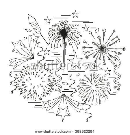 Fireworks, confetti, rocket, star. Vector illustration Line Drawing Images, Star Vector, Redwork Embroidery, Drawing Images, 3d Objects, Line Drawing, Fireworks, Rocket, Confetti