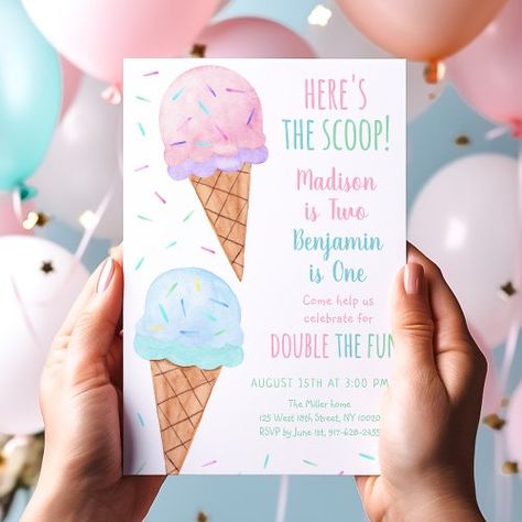 $3 | Pink Blue Ice Cream Joint Birthday - ice cream party, watercolor ice cream, pastel ice cream, summer birthday, ice cream fourth birthday, joint birthday, here's the scoop, boy ice cream party, girl ice cream party, boy girl ice cream party Ice Cream Invitation, Combined Birthday Parties, Watercolor Ice Cream, Summer Birthday Invitations, Pink Ice Cream, Rainbow Birthday Invitations, Rainbow Ice Cream, Ice Cream Birthday Party, Here's The Scoop