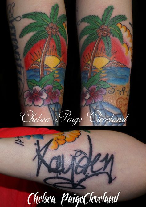 Hawaii scene, and the name Kayden Tattoo by Chelsea Paige Cleveland. #Tattoo #Tattoos #Tattooed Tattooing #Tattooist #TattooArtist #LasVegas #LV #Nevada #NV #LicensedTattooArtist #ProfessionalTattooArtist #TattooShop #LasVegasTattooShop Cleveland Tattoo, D Tattoo, Tattoo Shop, Cleveland, Nevada, Tattoo Artists, Las Vegas, Chelsea, Hawaii