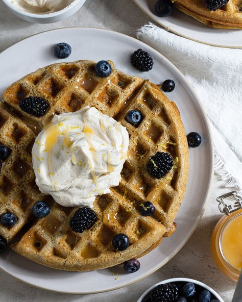 Earl Grey Waffles Earl Grey Waffles, Yeasted Waffles, Waffle Ingredients, Sweetened Whipped Cream, Grilled Onions, Earl Grey Tea, Brunch Menu, Earl Gray, Waffle Iron