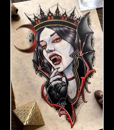 Vampire Tattoo Designs, Tato Tradisional, Vampire Tattoo, Neo Tattoo, Girl Arm Tattoos, Witch Tattoo, Creepy Tattoos, Halloween Tattoo, Vampire Girls