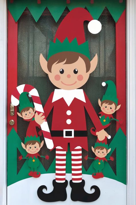 Turn Your Door Into a Holiday Showstopper with These 14 Door Decoration Ideas Elf On The Shelf Classroom Door Ideas, Elf On The Shelf Door Decorating Contest, School Classroom Christmas Decorations, Elf On The Shelf Door Decoration, Elf Door Decorations Classroom, Elf Bulletin Board Ideas, Elf Entrance Ideas, Classroom Door Christmas Decorations, Elf Door Decoration