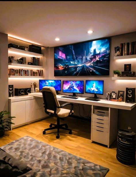 Tv And Monitor Setup, Gamer Home Office, Multi Screen Computer Setup, Tech Home Office Design, Closet Gaming Setup, Multi Monitor Desk Setup, Gaming Office Setup, Trading Setup Home Office, Computer Setup Ideas