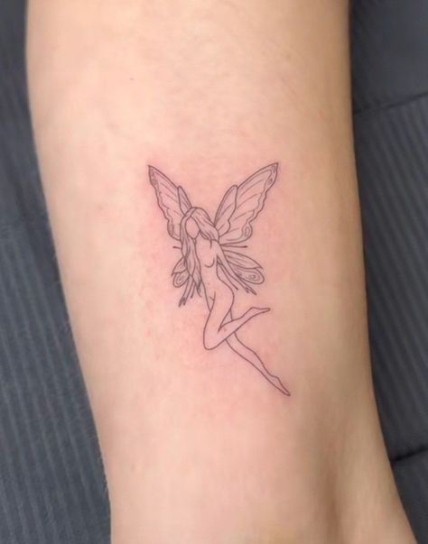 Fairy Tattoo On Wrist, Line Work Fairy Tattoo, Fairy Tattoo Ankle, Fairy Tattoo Placement, Sun Fairy Tattoo, Fairy Outline Tattoo, Winx Tattoos, Minimalist Fairy Tattoo, Flower Fairy Tattoo