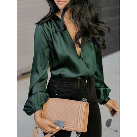 Women's Fashion Simple Silk Dark Green Shirt - Dozenlive.com in 2022 | Chic outfits, Womens fashion simple, Fashion Dark Green Shirt, Autumn Fashion Women Fall Outfits, Fashion Blouses, Outfit Chic, Dark Outfits, Green Shirt, Green Blouse, Green Silk, Fall Fashion Outfits