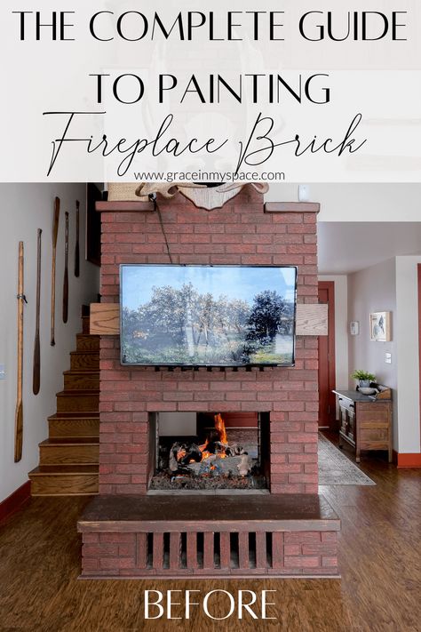 Painting fireplace brick is an affordable way to updated a dated fireplace. Here is a complete guide to painting fireplace brick properly. #fromhousetohaven #paintedbrick #paintedfireplace #paintingtips #paintingbrick #DIYtutorial Paint Old Fireplace Brick, Painting A Brick Fireplace Black, Brown Painted Fireplace Brick, Repaint Fireplace Brick, Painted Fireplaces Brick, Painted Brick Hearth, Fireplace Colors Painted Brick, Painted Fireplace Brick Before And After, Gray Fireplace Brick Painted