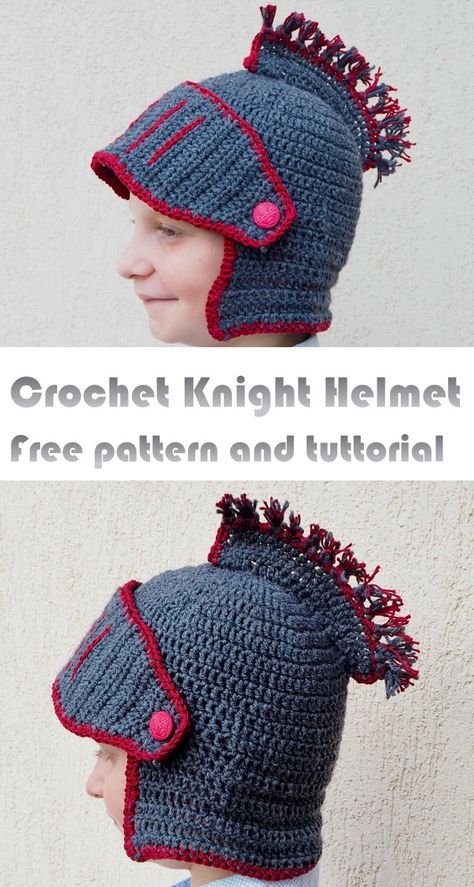 This knight hat is big fun to make for any boy or man! I made it into a wearable hat. With how cold it can get in the fall time, I think this hat will be put to good use after Halloween's over. Crochet Knight, Fpdc Crochet Stitch, Easy Crochet For Beginners, Crochet Halloween Hat, Newsboy Hat Pattern, Crochet Baby Cap, Face Mask Halloween, Crochet Newsboy Hat, Crochet Hat With Brim