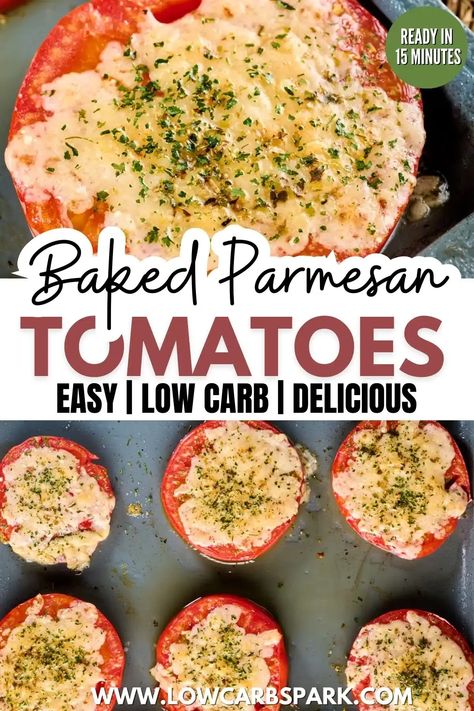 Parmesan Tomatoes, Baked Parmesan Tomatoes, Salad Recipes Low Carb, Tomatoes Recipe, Baked Tomatoes, Low Carb Salad, Vegan Side Dishes, Summer Dining, Vegan Sides