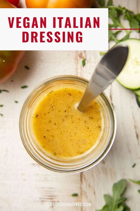 This vegan Italian dressing is bursting with zesty flavor! So much better than store-bought dressing, and it can be made in minutes with just a handful of pantry staples. Vegan Italian Dressing, Vegan Dressing Recipes, Italian Dressing Recipes, Zesty Italian Dressing, Vegan Dressing, Italian Salad Dressing, Vegan Italian, Easy Vegan Dinner, Vegan Sauces