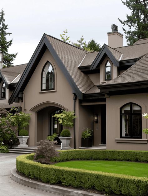 7 House Colors to Enhance Your Grey Roof Paint Ideas Outside Of House, Colors To Paint House Exterior, Outdoor Paints For House, Taupe Outdoor House Color, Chocolate Brown Roof House Colors, Grey Brown Exterior Paint, Gray Paint House Exterior, Colour Of Houses Outside, Mocha House Exterior