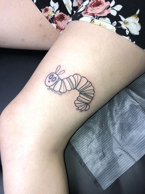 Eric Carle Tattoo, Simple Caterpillar Tattoo, The Very Hungry Caterpillar Tattoo, Cute Caterpillar Tattoo, Inchworm Tattoo, Hungry Caterpillar Tattoo, Catapillar Tattoos, Childhood Tattoo Ideas, Bluetooth Tattoo