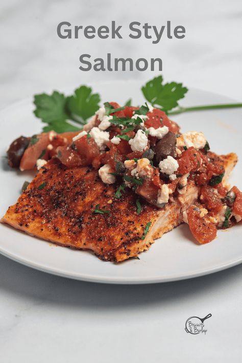 This Greek Salmon is seasoned and baked, then topped with all of your favorite mediterranean flavors. This will quickly become your go-to salmon recipe! Greek Salmon Recipes, Grilled Blackened Chicken, Best Beef Wellington Recipe, Authentic Gumbo, Air Fryer Catfish, Steak Crostini, Sockeye Salmon Recipes, Greek Salmon, Feta Spread