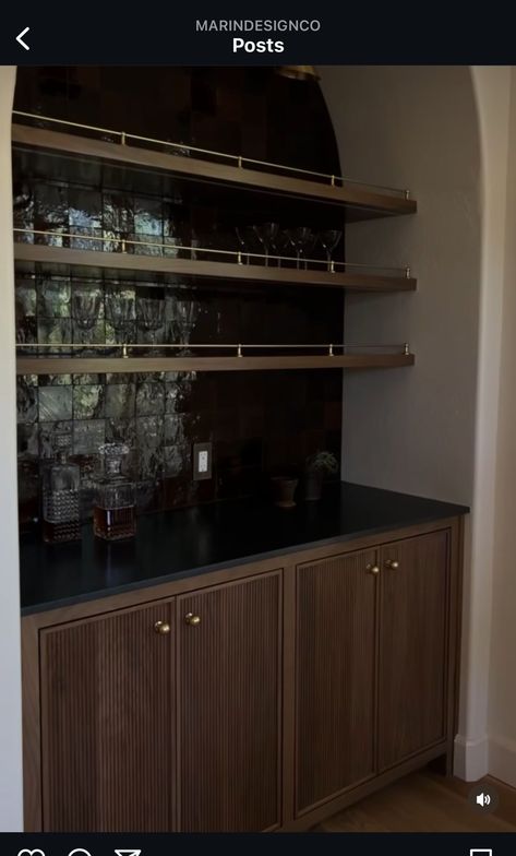 Open Shelf Wet Bar, Home Bar Nook, Built In Bar In Living Room, Small Wet Bar Ideas, Built In Wine Bar, Modern Wet Bar, Built In Bar Cabinet, Small Wet Bar, Bar In Living Room