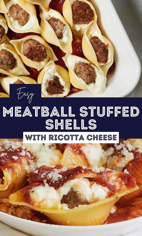 Italian Meatball and Ricotta Stuffed Shells Meatball And Ricotta, Baked Stuffed Shells, Ricotta Stuffed Shells, Homemade Lasagna Recipes, Homemade Italian Meatballs, Family Dinner Recipe, Stuffed Shells Ricotta, Cheese Stuffed Meatballs, Italian Meatball