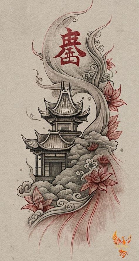 Asian Realism Tattoo, Negative Space Japanese Tattoo, Japanese Filler Tattoo Ideas, Asian Drawing Sketch, Japanese House Sketch, Cambodian Tattoo For Women, Japanese House Tattoo, Traditional Chinese Tattoo, Asian Traditional Tattoo