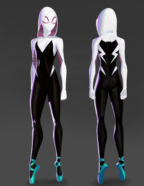 Spidergwen Suit Designs, Spider Gwen Character Design, Spider Gwen Design, Gwen Stacy Suit Design, Gwen Stacy Pose Reference, How To Make Your Own Spiderman Suit, Spider Gwen Suit Concept Art, Ghost Spider Outfit, Gwen Stacy Poses