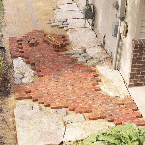 Stone And Brick Patio Ideas, Brick And Flagstone Walkway, Brick And Paver Walkway, Brick Pathways Walkways, Brick Paving Patterns, Brick Walkway Diy, Brick Walkway Ideas, Pathway Design, Stone Pathways