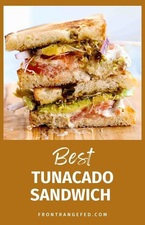 This is the classic Tunacado Sandwich from Joe And The Juice. Spicy sauce, pesto, and tuna salad piled high on lightly toasted bread make this copycat sandwich a winner. Try it on a bagle, or in a wrap or salad - this high-protein easy recipe is worth the hype! Get this and more easy sandwich recipes at www.frontrangefed.com. Copycat Sandwich, Tunacado Sandwich, Spicy Pesto, Tuna Sandwich Recipes, Joe The Juice, Avocado Stuffed, Crispy Flatbread, Easy Sandwich, Sauce Pesto