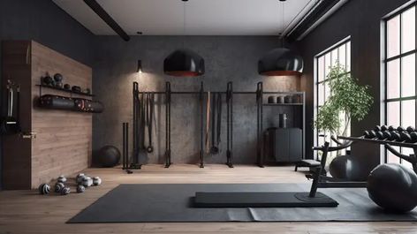 Black Wall Home Gym, Gym Background, Rectangle House, Tiles Background, Black Wall Tiles, Home Gym Basement, Gym Design Interior, Sports Storage, House Gym