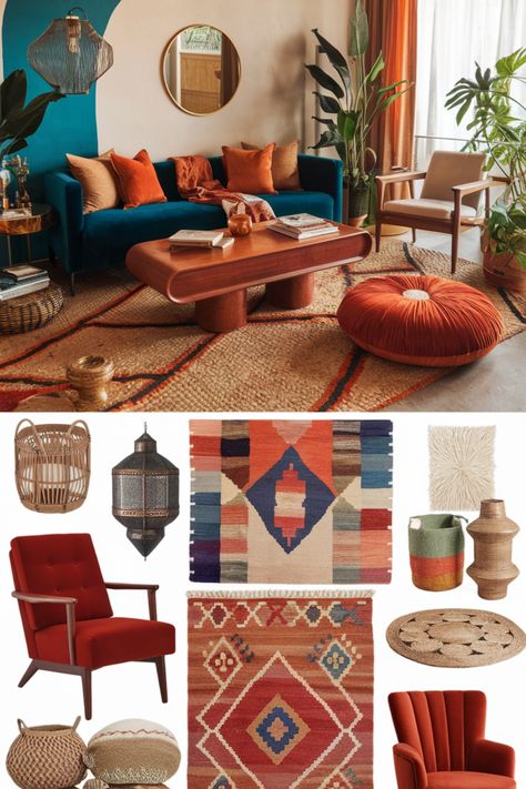 Bohemian living room with colorful rugs, velvet sofa, and eclectic decor items. Modern Eclectic Living Room, Bohemian Style Interior Design, Ensuite Bathroom Designs, Modern Bedroom Colors, Romare Bearden, Bohemian Style Interior, Modern Boho Decor, Room Cozy, Living Room Design Ideas