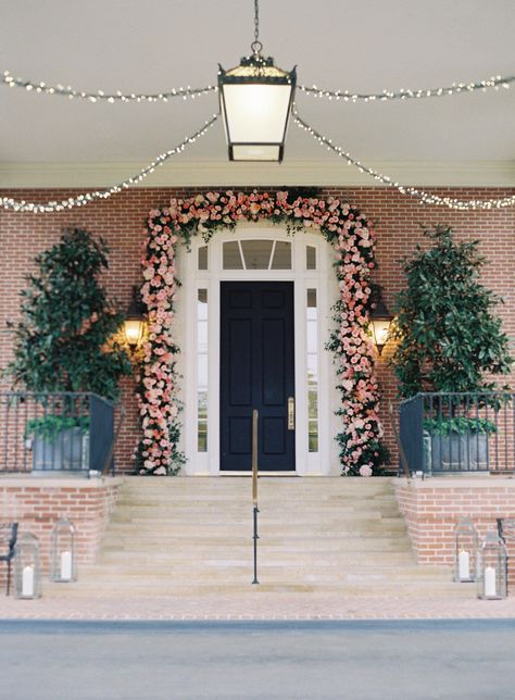 Pink flowers decorated the doorway to the wedding reception venue. Head to the blog to see more of this spring wedding at the Houston Country Club! Flower Wedding Reception, Pink Flower Wedding, Wedding Entry, Spring Florals, Glam Room, Pink Wedding Flowers, Custom Napkins, Wedding Reception Venues, Country Club Wedding