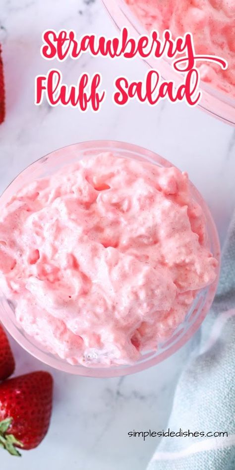 Strawberry Fluff Salad is fast, easy, colorful, and tasty that it will surprise you how often you come back for more of the tasty pink fluff! #strawberryfluffsalad #wiltedstrawberries #freshstrawberries #strawberryfluff #strawberryjellofluff #strawberryfluffrecipe #simplesidedishes #strawberrypinkfluff #easystrawberryfluff #cottagecheesefluff