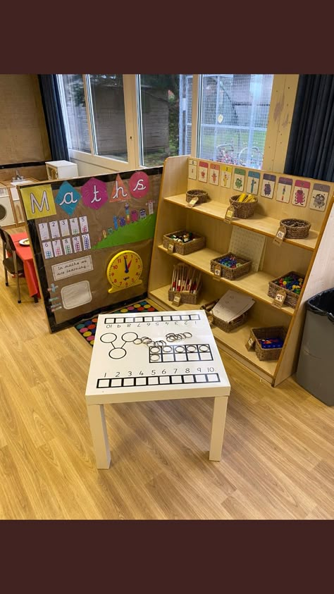 Math Preschool Center Ideas, Math Area In Classroom, Kindergarten Table Setup, Eyfs Setup, Math Corner Classroom Ideas, Regio Classroom, Reggio Math, Reception Maths, Year 1 Classroom