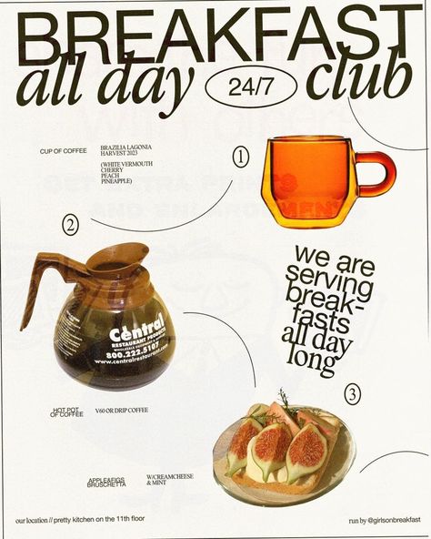 breakfast club design poster Visuell Identitet, Menue Design, Graphisches Design, Zine Design, Pretty Kitchen, The Breakfast, The Breakfast Club, Club Design, Food Poster