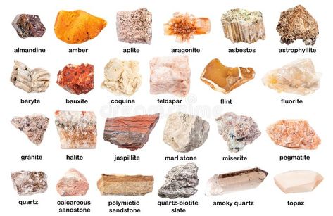 Set of various unpolished stones with names stock photo Different Types Of Rocks, Raw Gemstones Rocks, Rock Identification, Excel Sheet, Brown Gemstone, Small Art Prints, Raw Minerals, How To Make Paper Flowers, Crystal Healing Stones