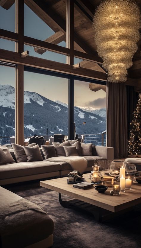 Swiss Alps Chalet, Christmas Chalet, Alps Chalet, Chalet Living Room, Winter Retreat, Swiss Chalet, Modernist Architecture, Luxury Winter, Rustic Home Design