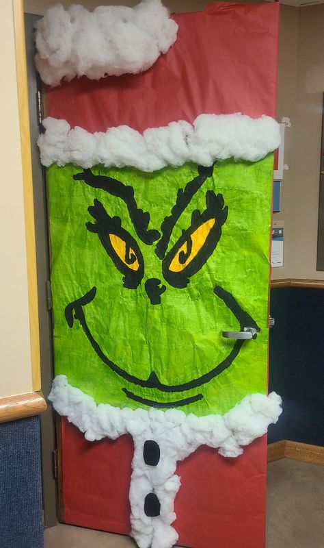 3d Grinch Door Decorations, Easy Grinch Door Decorations, Grinch Lair Door, Grinch Themed Office, Grinch Theme Door Decorations, Who Ville Door Decoration, The Grinch Door Decorating Contest, Christmas Doors For Work, Grinch Hallway Decorations