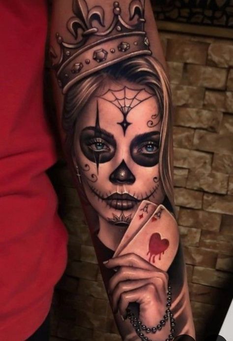 Sugar Skull Sleeve Tattoos For Women, Sugar Skull Sleeve, Girly Skull Tattoos, Skull Thigh Tattoos, Sugar Skull Girl Tattoo, Crown Tattoos For Women, Candy Skull Tattoo, Girly Skull, Headdress Tattoo