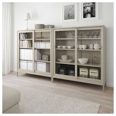 IKEA IDASEN Beige Cabinet with sliding glass doors Vitrine Ikea, Sliding Glass Doors, Glass Cabinet, Sliding Glass Door, Glass Doors, Glass Shelves, Living Room Interior, 인테리어 디자인, Interior Design Living Room