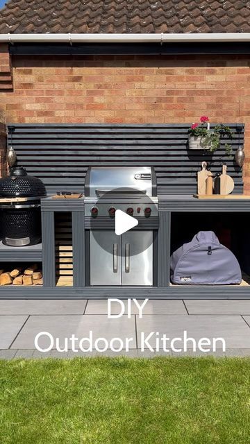 Outdoor Kitchen With Green Egg And Blackstone, Diy Bbq Area, Outdoor Grill Ideas, Build An Outdoor Kitchen, Coal Bbq, Lake Dock, Painted Slate, Diy Bbq, Build Outdoor Kitchen