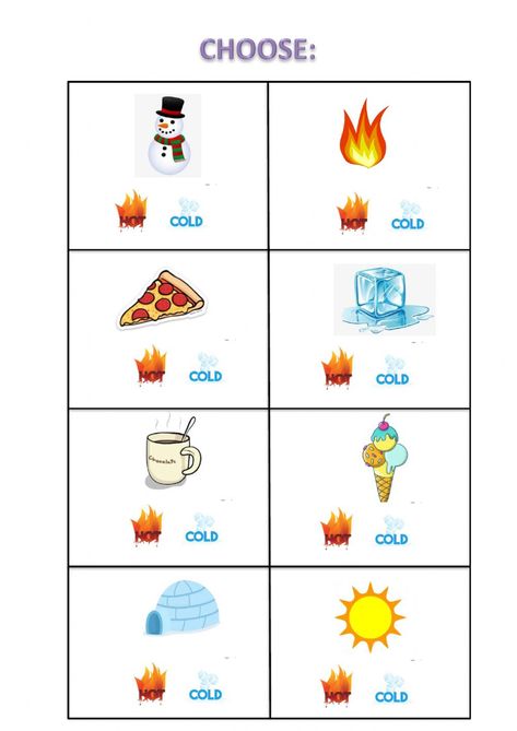 Hot - Cold worksheet Hot And Cold Worksheet Preschool, Hot And Cold Sorting Free Printable, Temperature Activities For Kids, Hot And Cold Worksheet, Hot And Cold Activities Preschool, Temperature Worksheet, Science Worksheets For Kindergarten, Opposites Worksheet, Nursery Worksheets