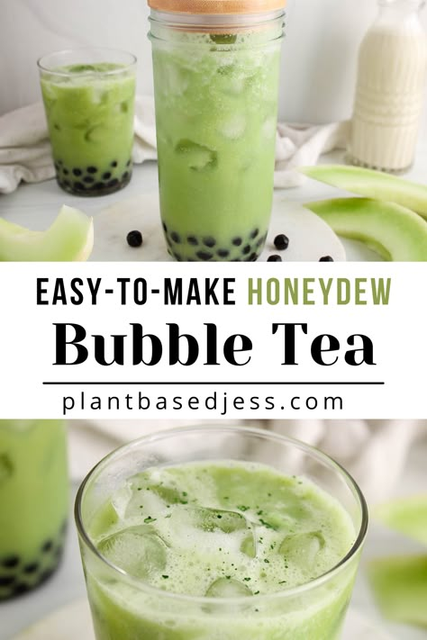 View on a glass of honeydew bubble tea. Boba Homemade, Honeydew Boba Tea, Honeydew Boba, Honeydew Melon Smoothie, Honeydew Milk Tea, Honeydew Smoothie, Melon Smoothie, Boba Tea Recipe, Boba Recipe