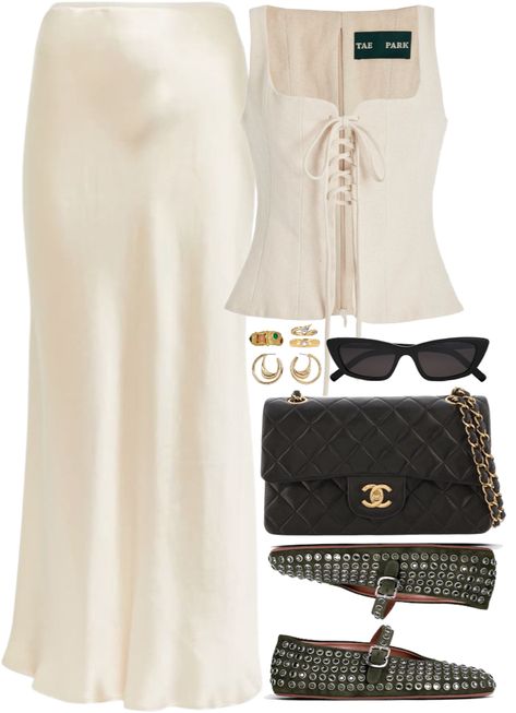 Day in Bahrain outfit ideas | Spring Luxury Miu Miu Mini Skirt, New York Outfit, Saint Laurent Sunglasses, Miu Miu Bag, Satin Midi Skirt, Domed Ring, Outfit Maker, Race Day, Silk Satin