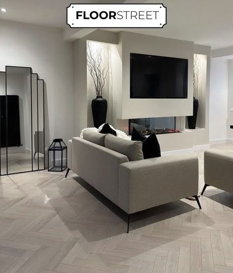 Floorboards Living Room, Mushroom Living Room, Living Room Media Wall, Room Media Wall, Type Of Flooring, Cute Living Room, Herringbone Wood Floor, Minimalist Living Room Ideas, Herringbone Wood