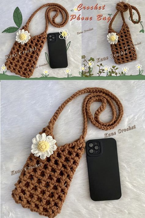 Crochet Phone Bag Tutorial | Net Bag | Crochet Daisy 🌼🌼 How to Crochet Mobile Phone Bag 🌼🌼 Crossbody Bag 🌼🥰💖  Materials 🥰💖 1. Fabric Yarn size 20 mm. 2. Cotton Yarn 4ply size 2 mm. 3. Crochet Hook No.5  size 3 mm. 4. Crochet hook No.10 size 6 mm. 5. Polyester fiber 6. Scissors 7. Needle  Finished size: Height 16 cm. Width 9 cm. Phone Cover Crochet, Crochet Cellphone Bag, Crochet Phone Bag Pattern, Crochet Phone Purse, Phone Pouch Crochet, Crochet Mobile Pouch, Net Bag Crochet, Crochet Mobile Cover, Phone Bag Diy