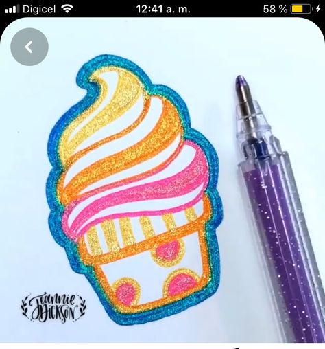 Glitter Pen Art, Glitter Pens Art, Glitter Ice Cream, Gel Pen Drawings, Gel Pen Art, Markers Drawing Ideas, Draw Doodle, Doodle Art Journals, Geometric Design Art