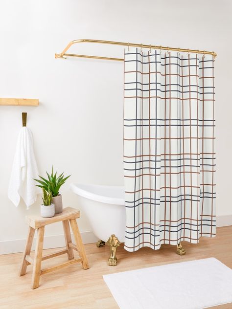 "Navy and Rust Grid on light grey (almost white)" Shower Curtain by BlertaDK | Redbubble Long Guest Bathroom, Bohemian Shower Curtain, Plaid Shower Curtain, Farmhouse Shower Curtain, Long Shower Curtains, Cloth Shower Curtain, Farmhouse Shower, Blue Shower Curtains, Boho Shower Curtain