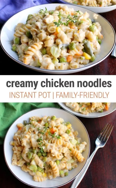 Creamy Instant Pot Chicken & Noodles - Recipe by Carlee of Cooking With Carlee blog. This is a great family-friendly dinner meal that uses frozen chicken and mixed frozen vegetables for a quick and easy one-pot meal you can make with your pressure cooker. #instantpot #instantpotrecipes #chicken #chickenrecipes #pasta #onepotmeal #creamypasta #dumprecipes #pressurecooker #noodles #chickennoodles #kidsfriendly #freezerfoods #dinner #familymeals Creamy Instant Pot Chicken, Hoseok Selca, Creamy Chicken And Noodles, Hoseok Icon, Instant Pot Pasta Recipe, Chicken Noodles, Chicken Noodle Recipes, Easy One Pot Meals, Dinner Meal